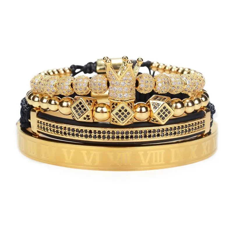 Luxury Roman Crown Charm Braided Bracelet - Gold Tone