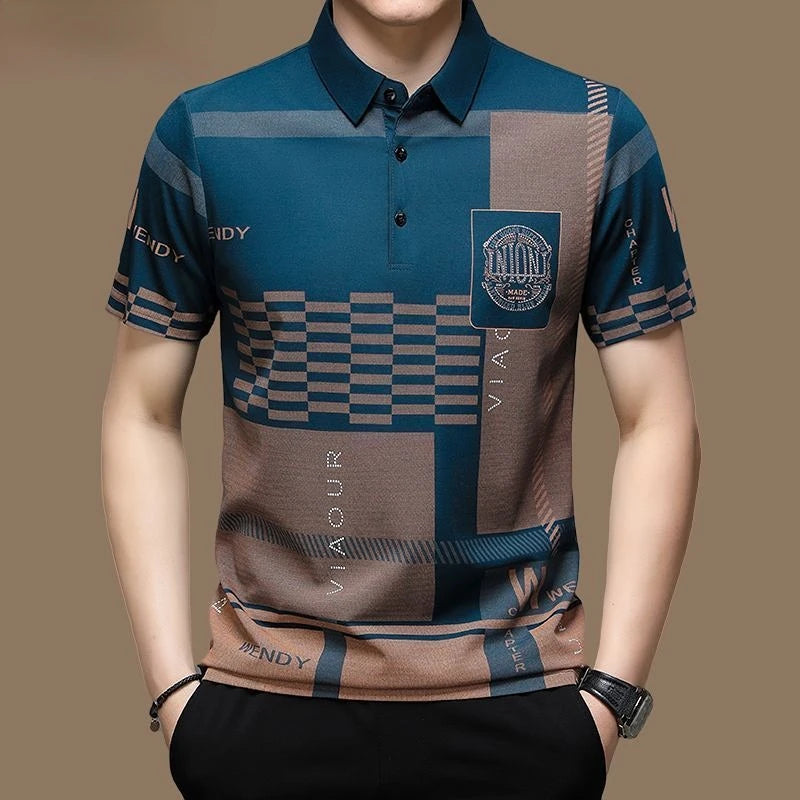 Men's Striped Letter Print Polo T-Shirts