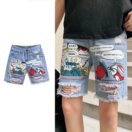 2024 Korean Anime-Print Denim Shorts