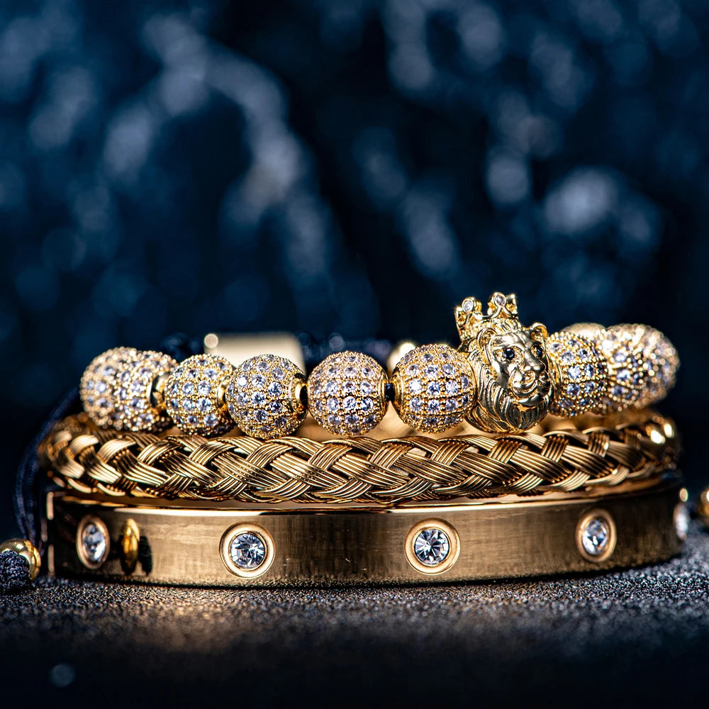 Luxury Micro Pave CZ Lion's Head Bracelet Set