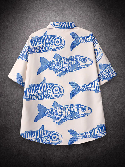 Oversized American-Style Fish Print Casual Shirt