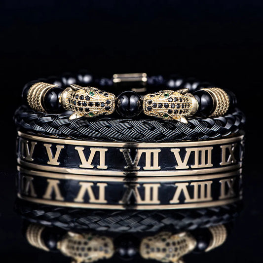 Double Leopard Roman Numeral Bracelet Set