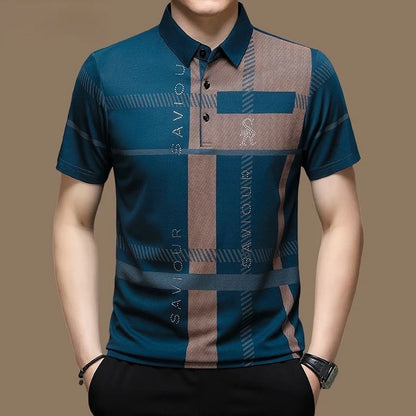 Men's Striped Letter Print Polo T-Shirts