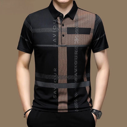 Men's Striped Letter Print Polo T-Shirts