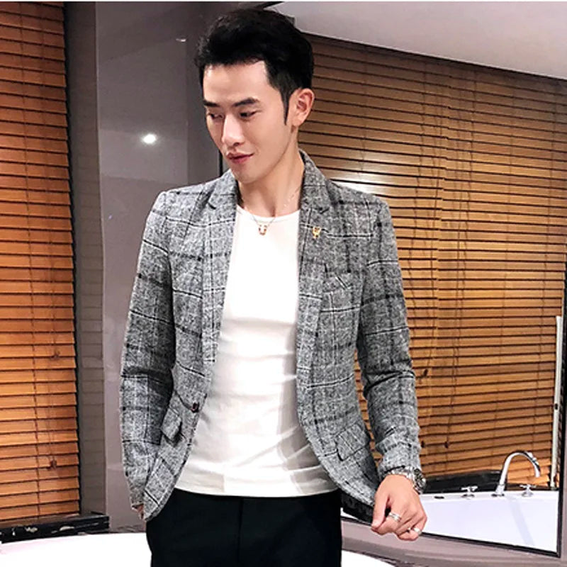 Men's Casual Plaid Linen Suit Jacket