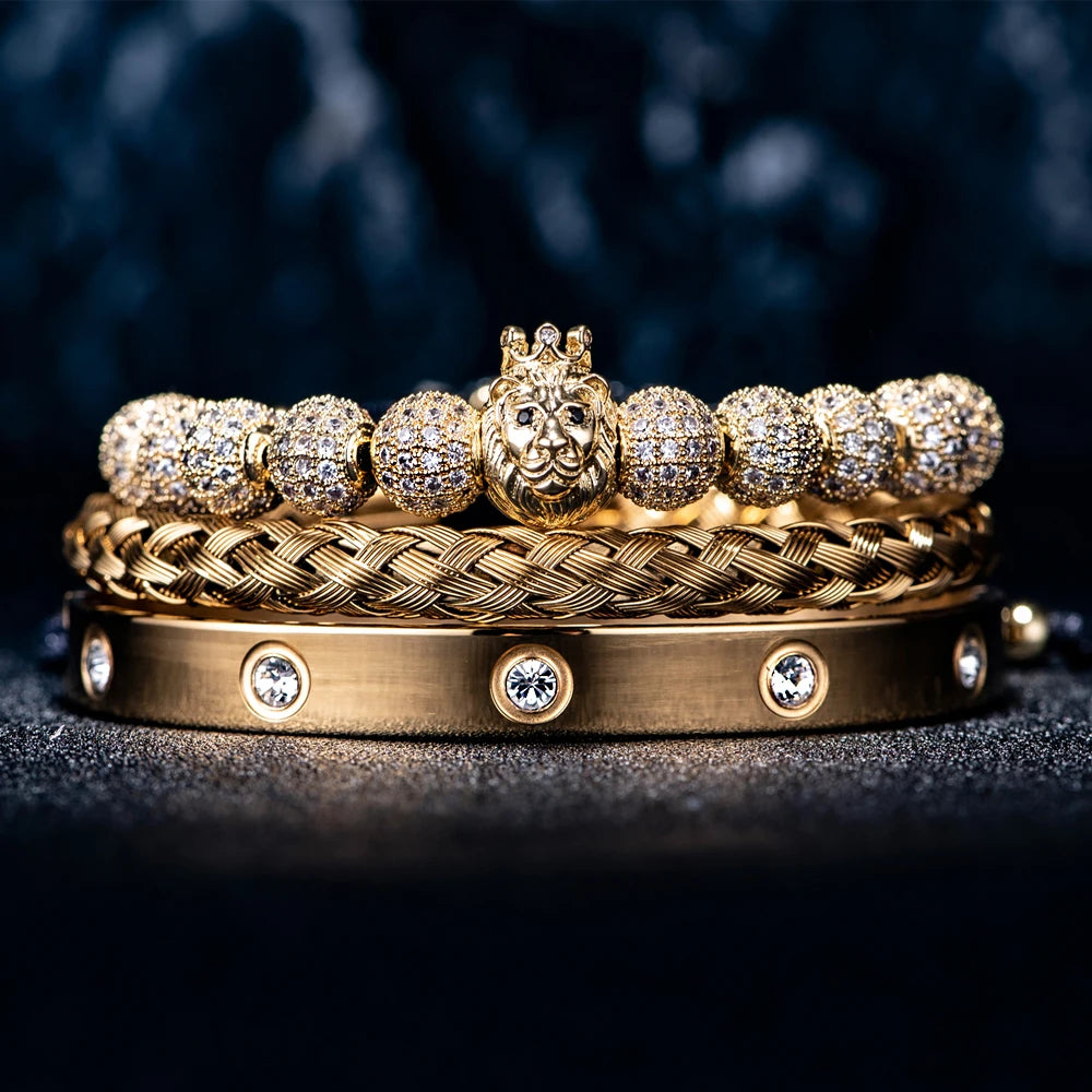 Luxury Micro Pave CZ Lion's Head Bracelet Set