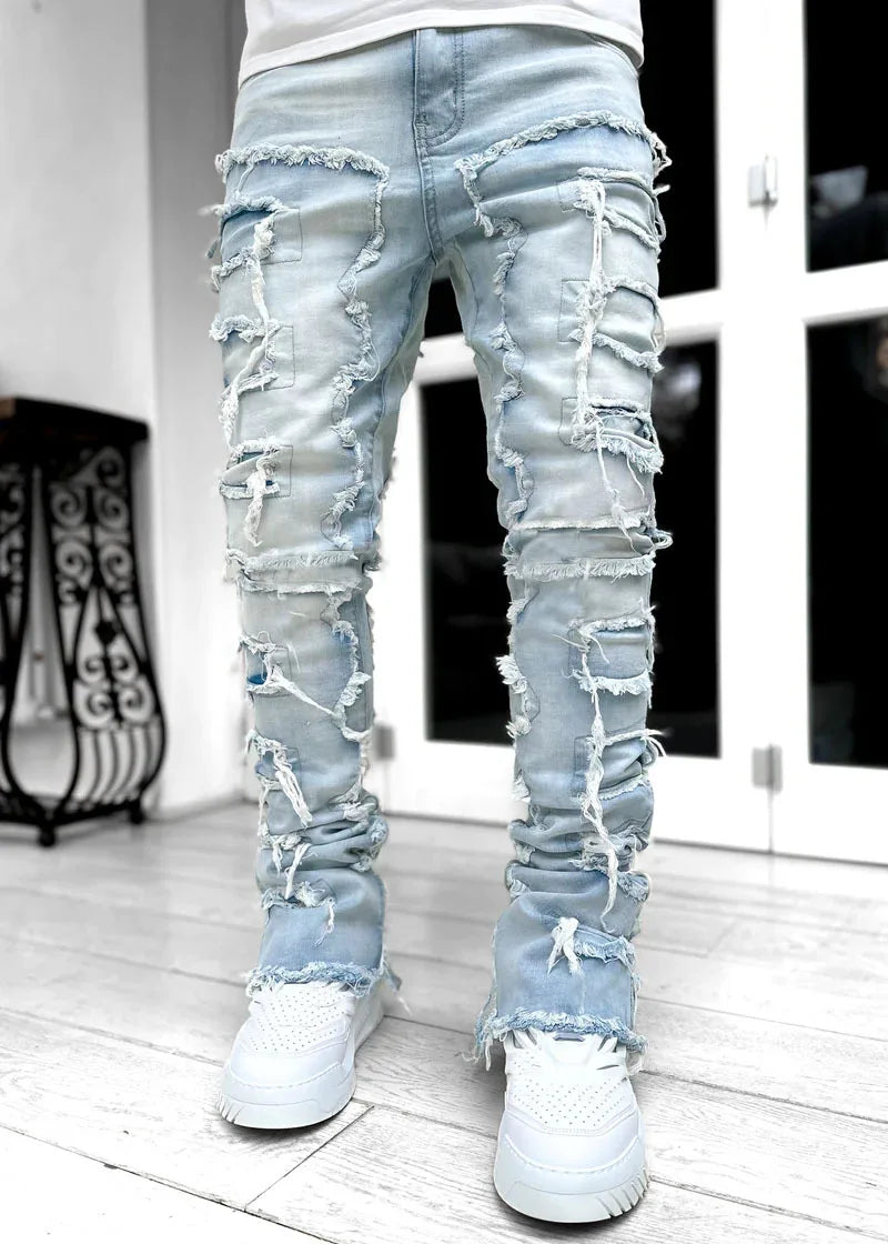 Men's Ripped Slim Fit Stacked Jeans