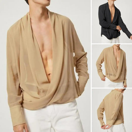 Men's Chiffon Deep V-Neck Pullover Shirt